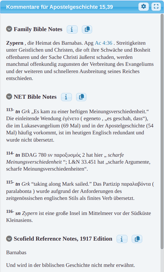 Ezra Bible App commentary panel with English module content automatically translated into German